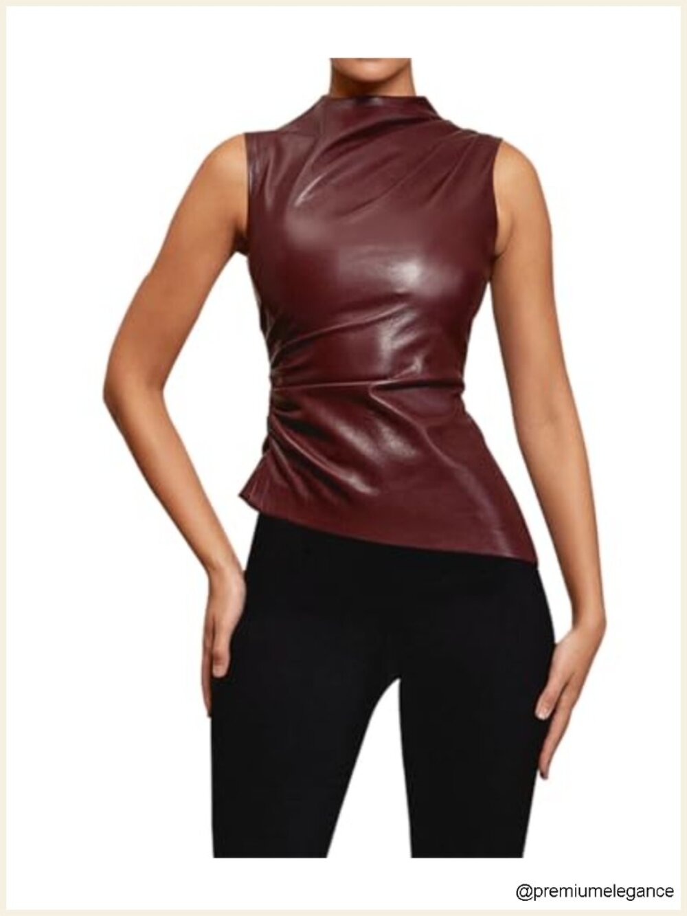 Women's Sexy PU Leather Sleeveless Tank Top Pleated Slim Fit Mock Neck